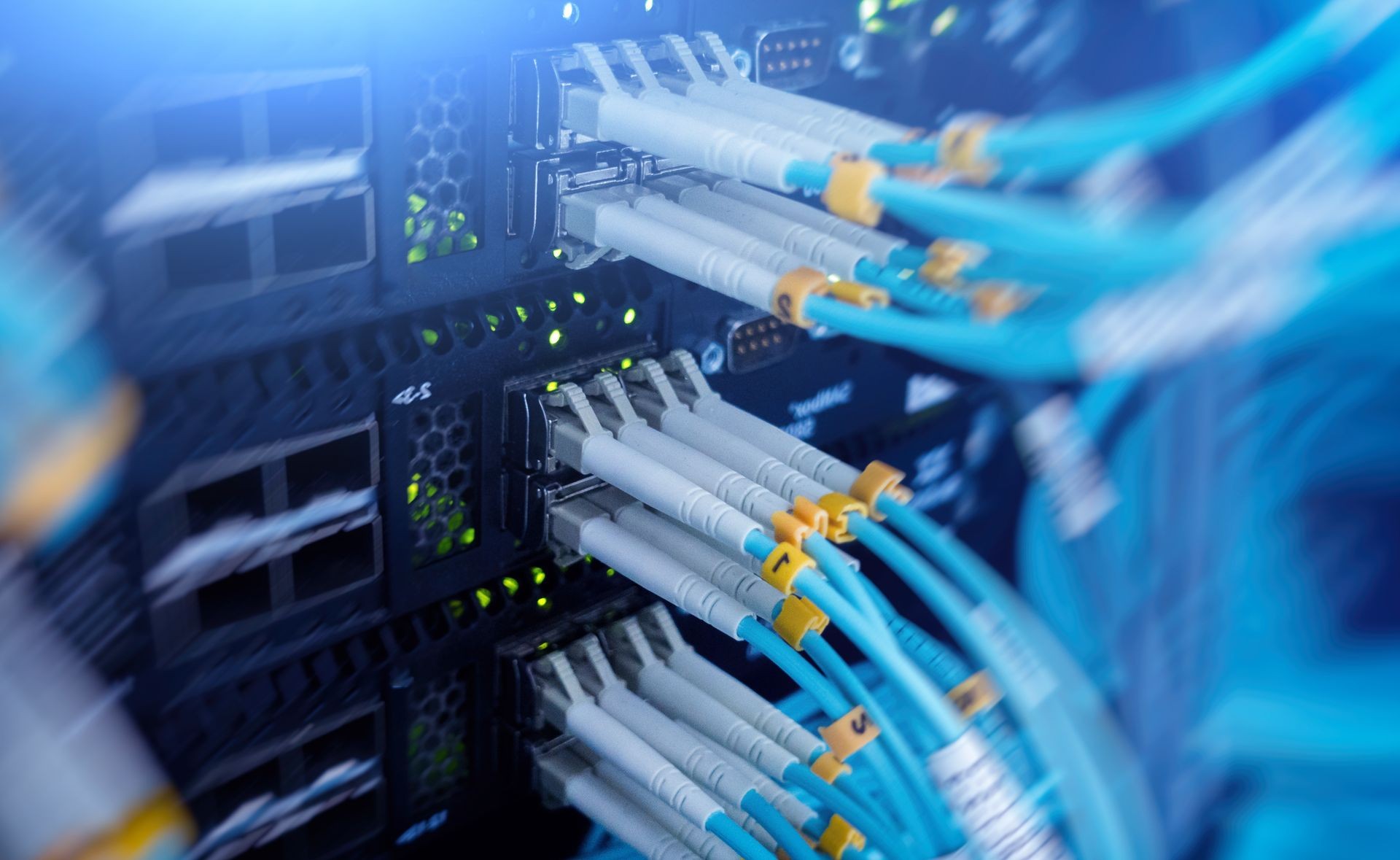 Fiber Optical connector interface. multiple exposure. Information Technology Computer Network, Telecommunication Fiber Optical Cables Connected. Data server.